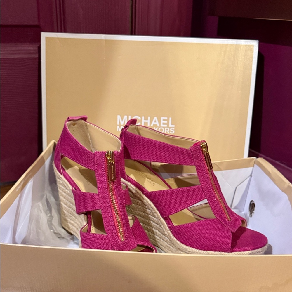 Michael Kors Pink Wedge Sandals with Gold Accents